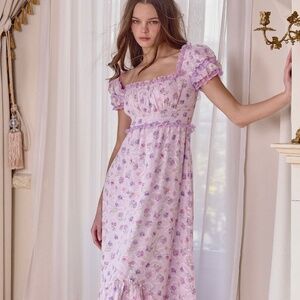 Violet Puff Sleeve Floral Chiffon Midi Dress